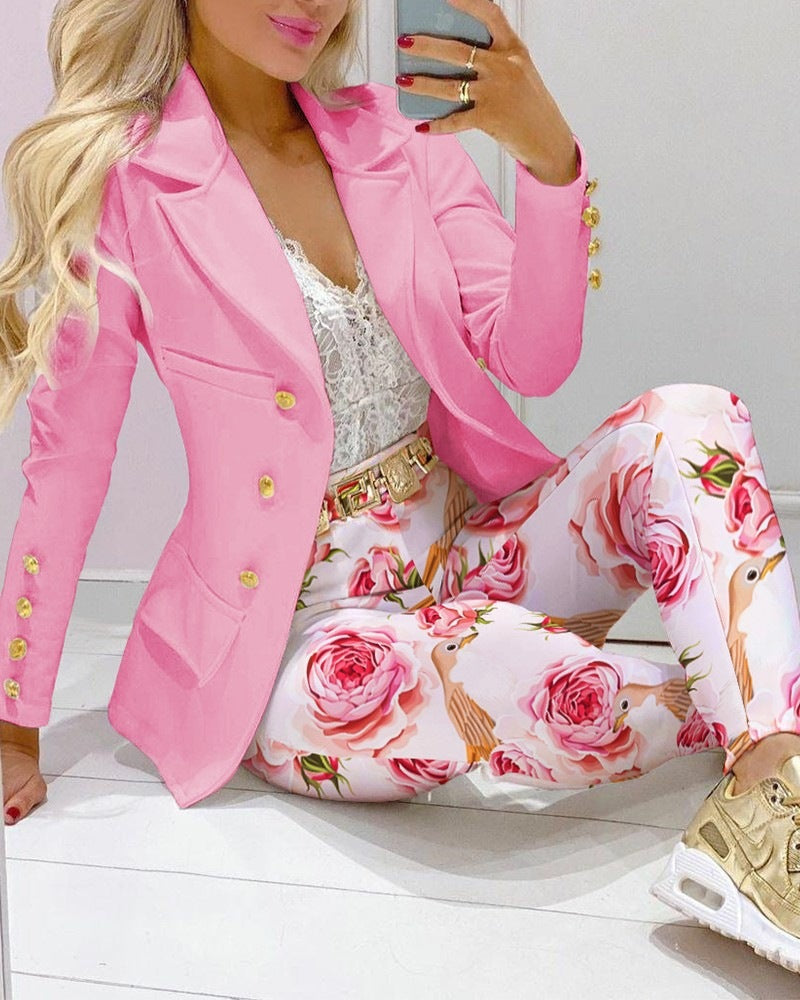 Women's Printed Coat & Trousers Two-Piece Set – 19 Prints, Casual Fashion Suit