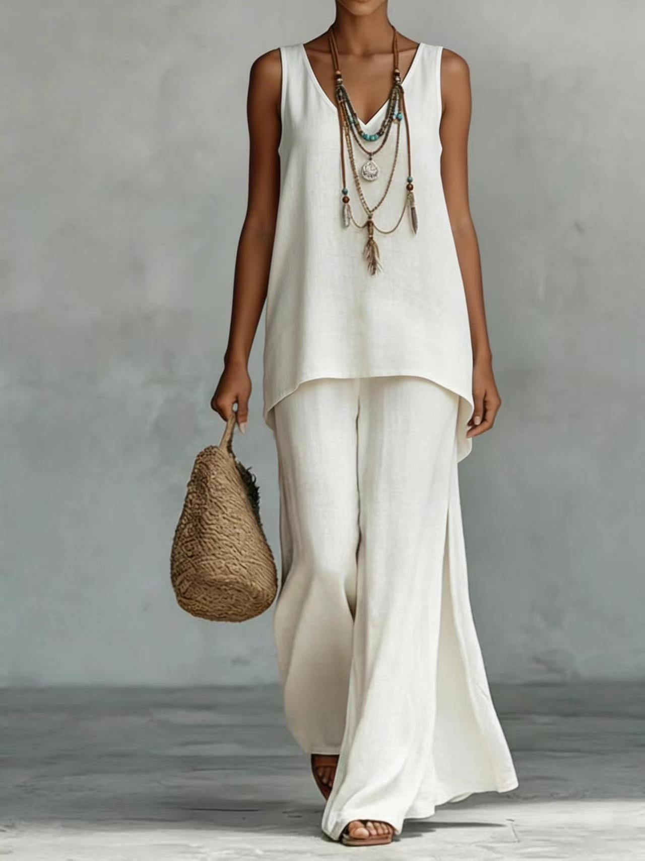 Women's Bohemian Wide-Leg Pants & V-Neck Vest Set – 3D Print