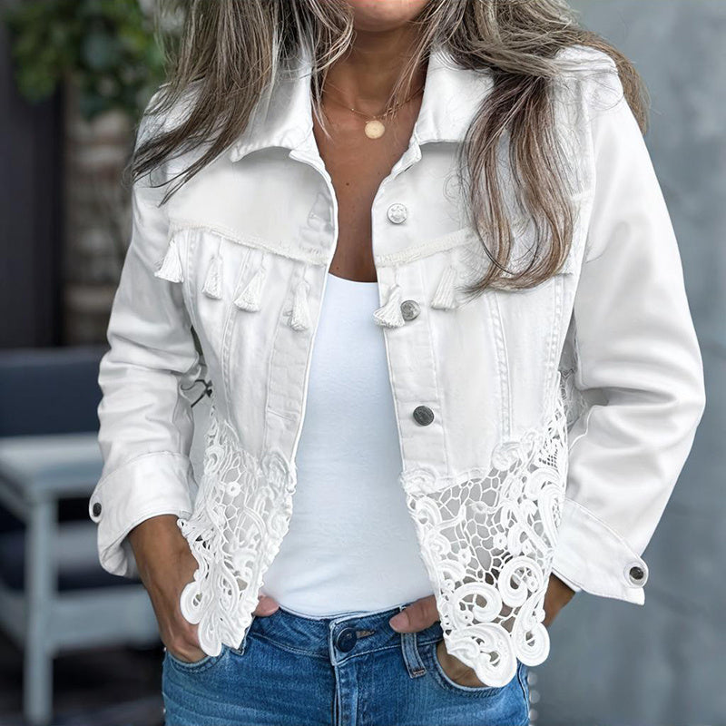 Women's Hollow-Out Patchwork Tassel Coat – Long Sleeve Lapel Button-Down Jacket