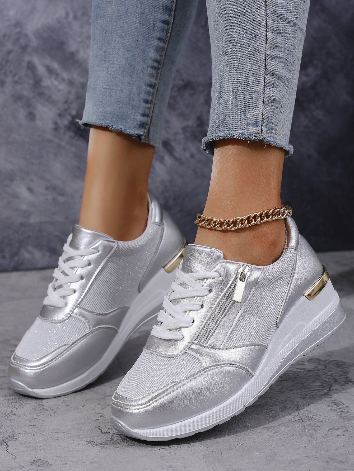 Metallic Lace-Up Side Zipper Thick-Sole Sneakers – 3 Colors EU 37–44