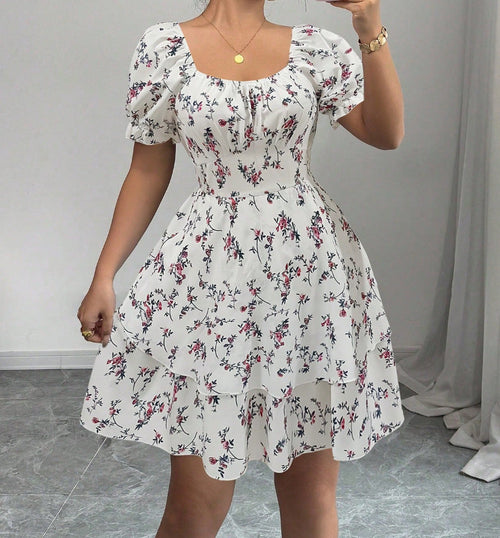 Ditsy Floral High Waist Flared Midi Dress – Short Sleeve Backless Summer Dress
