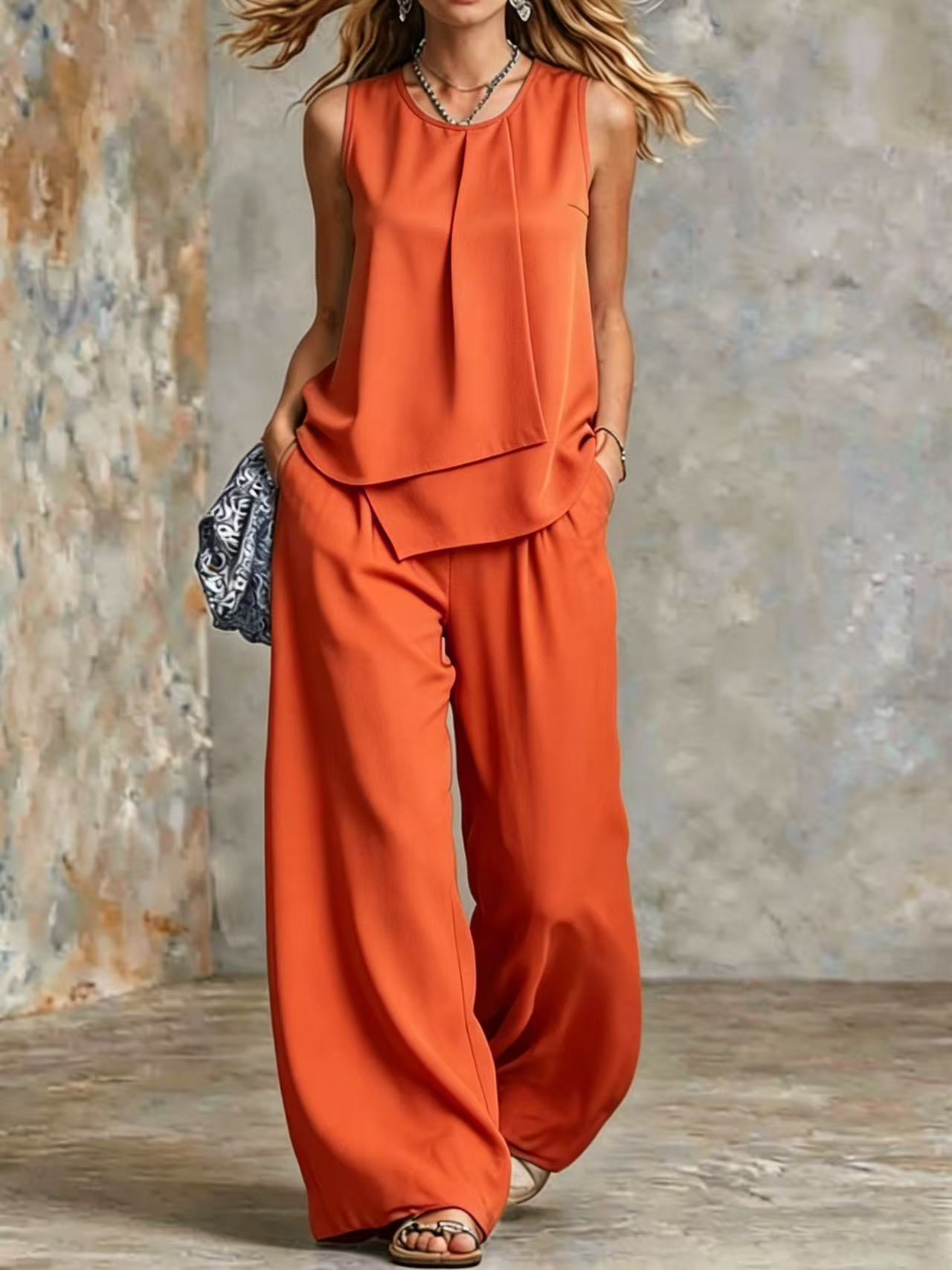 Women's Sleeveless Two-Piece Set – Solid Color Wide-Leg Pants & Top