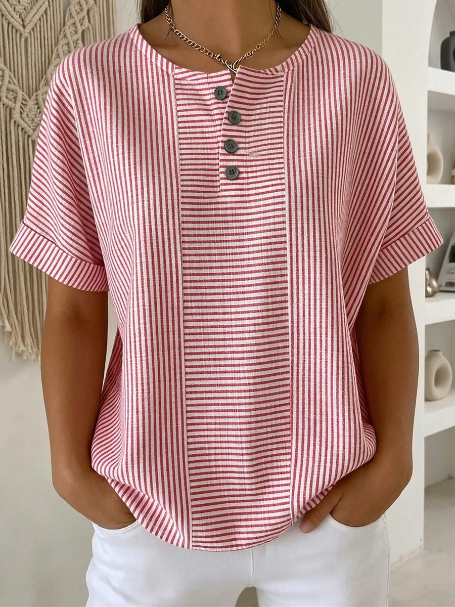 Women's Striped T-Shirt – V-Neck, Button Detail, Loose Fit