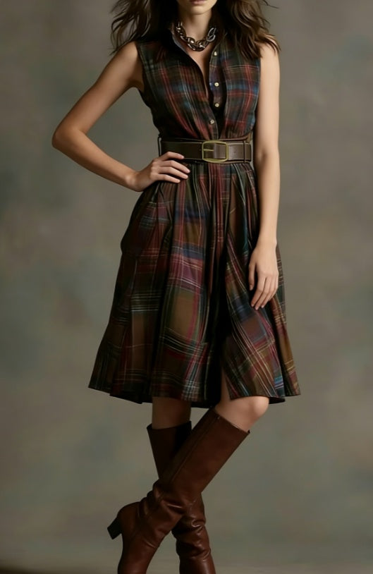 Women's Plaid Collared Sleeveless Fitted Waist Dress
