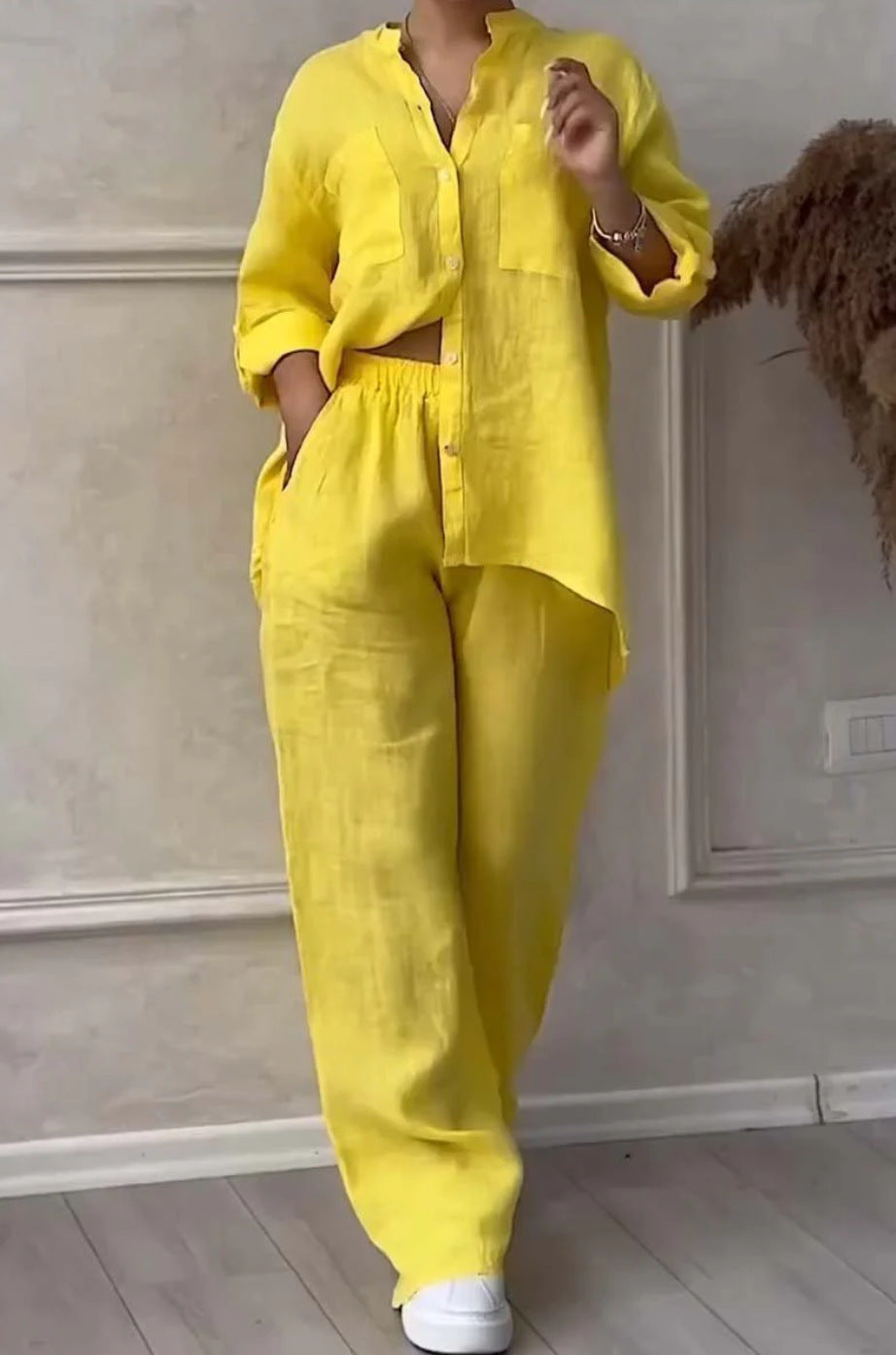 Wide-Leg Pants & Lace-Up Top Two-Piece Set – Solid Color, 12 Colors S–5XL