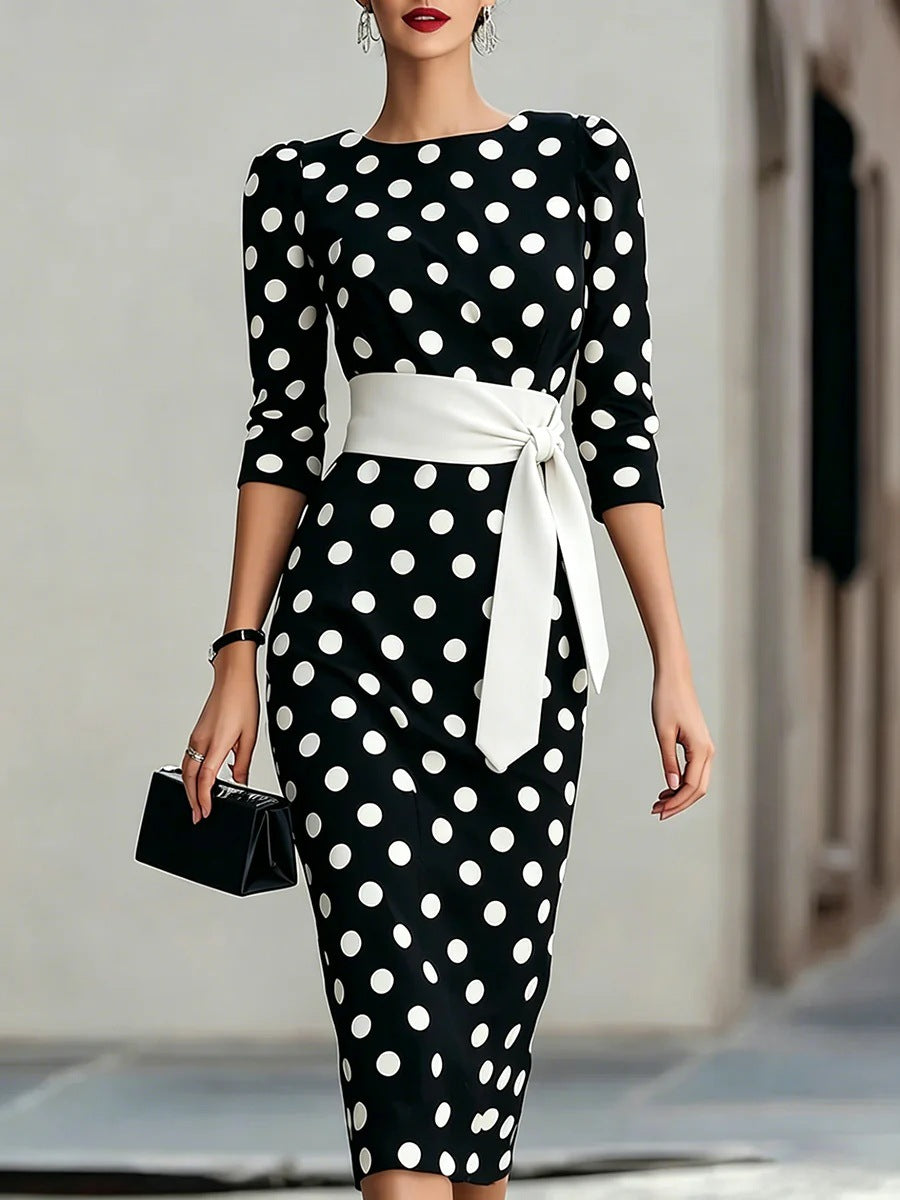 Women's Retro Polka-Dot Bodycon Midi Dress – Belted Cross-Tie