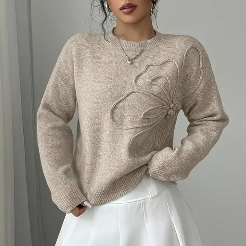 Women's Elegant Floral Sweater - Crew Neck Long Sleeve Casual Pullover