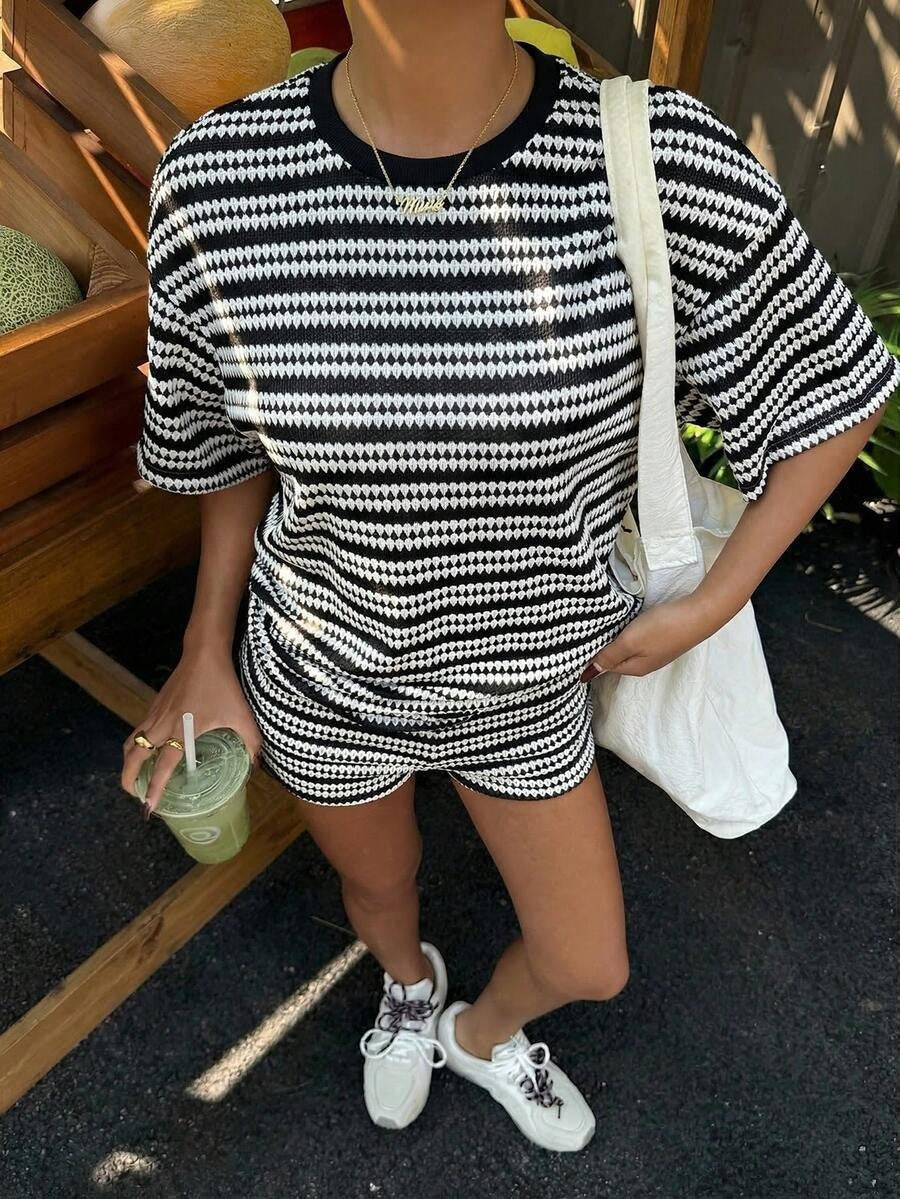 Women's Crew-Neck Spliced Short-Sleeve T-Shirt & Shorts Set