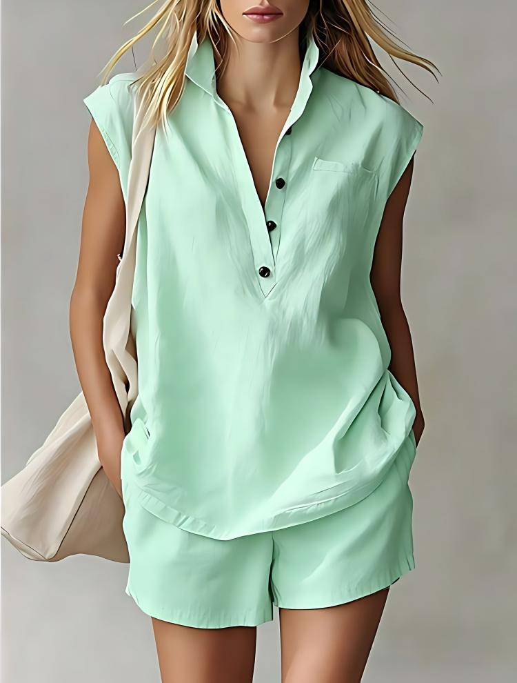 Women's Casual Sleeveless Cardigan Top & Shorts Set