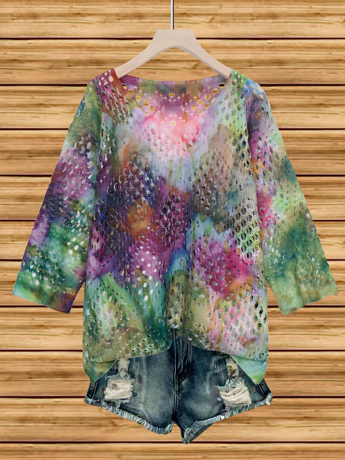 Women's Batwing-Sleeve Sweater – Hollowed-Out 3D Knitted Print Relaxed Fit