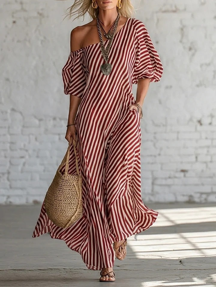 Women's Striped Off-Shoulder Elegant Midi Dress
