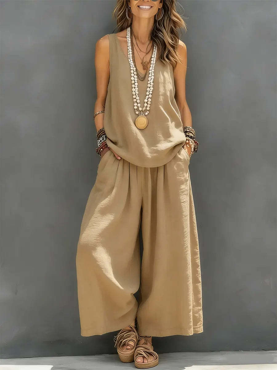 Women’s Cotton Linen Sleeveless Tank Top and Wide-Leg Pants Set