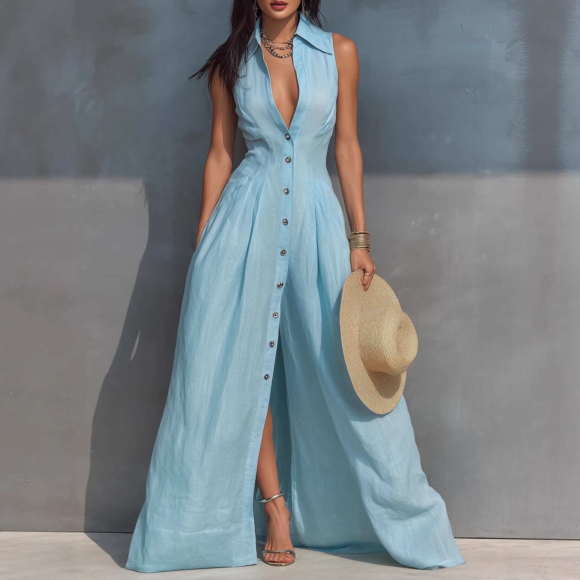 Women's High-Waist Lapel Shirt Maxi Dress – Elegant & Versatile