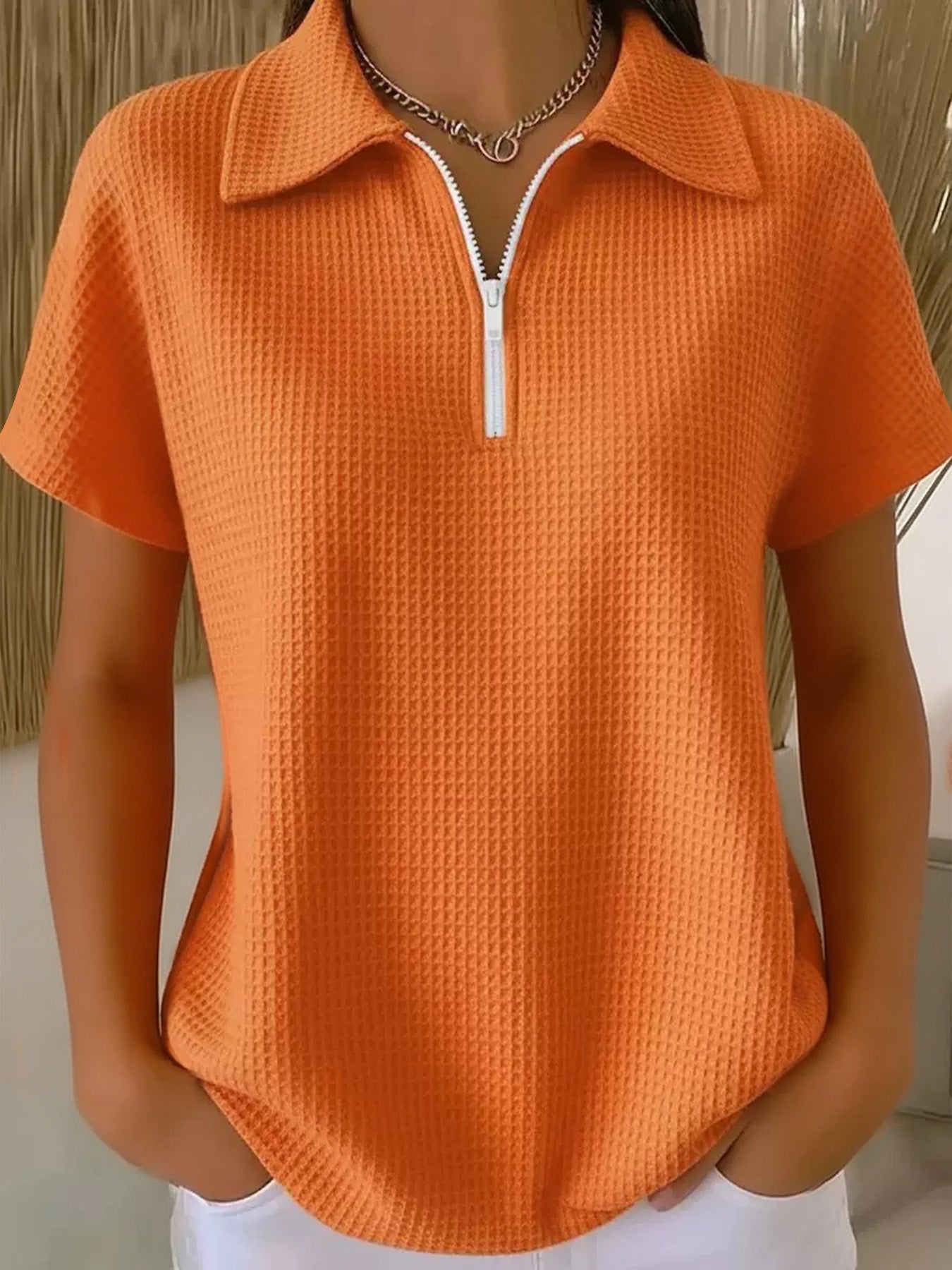 Drop Shoulder Half-Zip Waffle Knit Top – 3/4 Sleeve Pullover