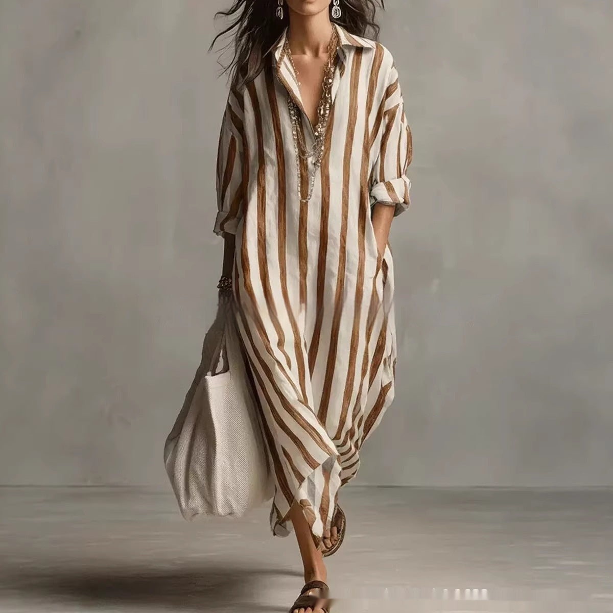 Striped Lapel Collar Dress – Side Slits & Pockets