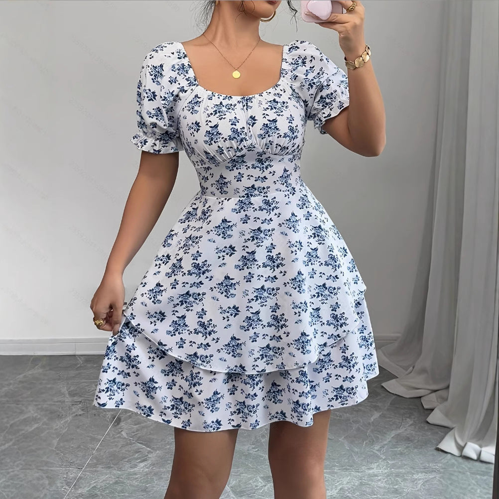 Ditsy Floral High Waist Flared Midi Dress – Short Sleeve Backless Summer Dress