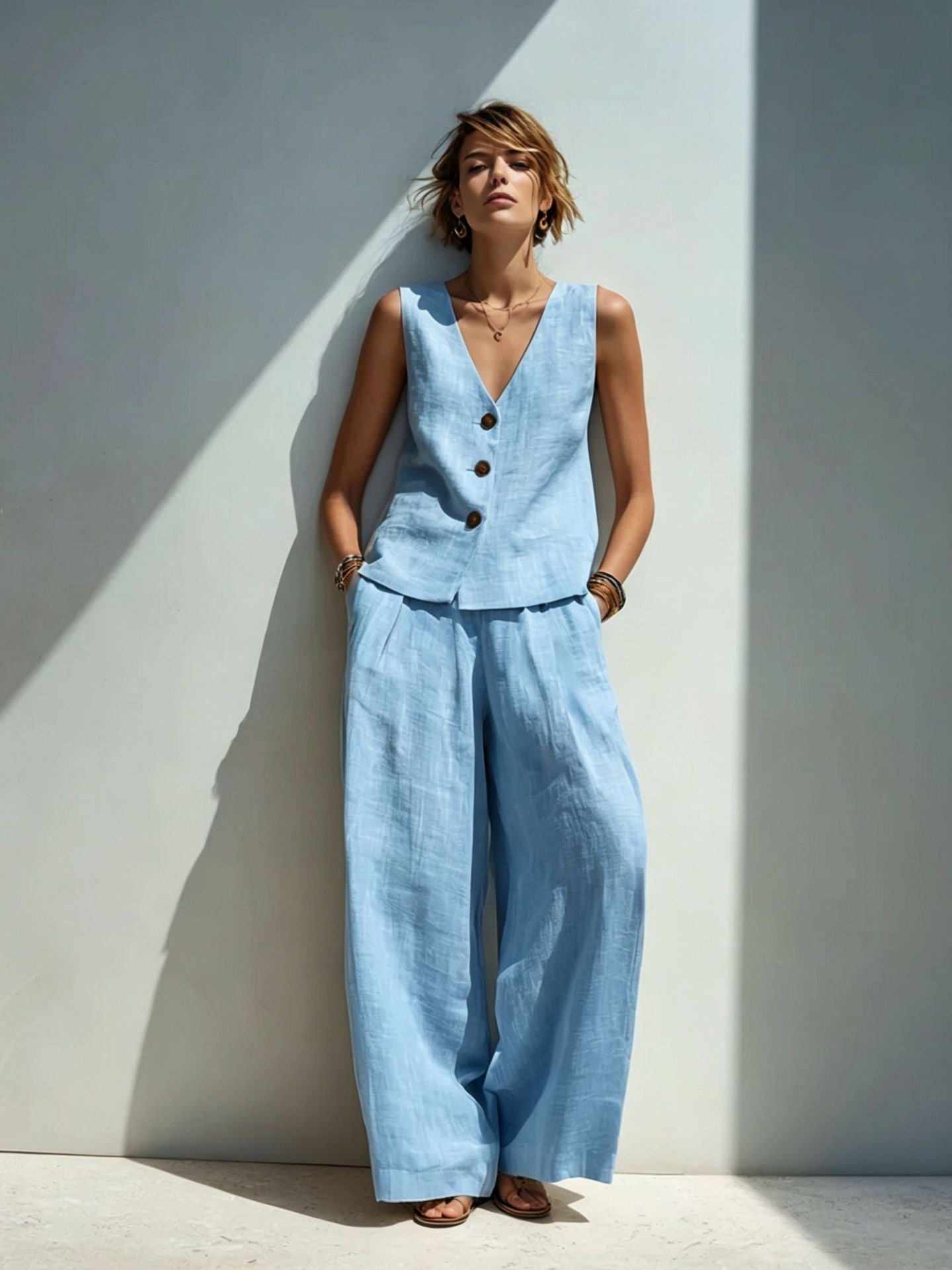Linen Blend V-Neck Buttoned Vest & High-Waist Wide-Leg Pants Set – 5 Colors S–3XL