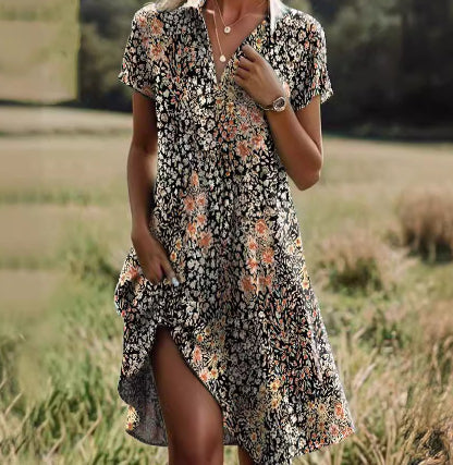 Ethnic Print Midi Dress – Scoop Neck Geometric Pattern Boho Dress