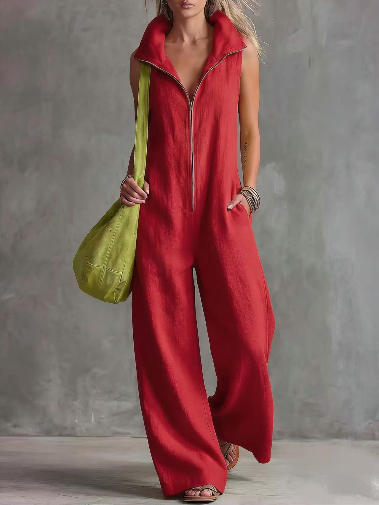 Women's Loose Sleeveless Jumpsuit with Pockets – Linen-Look