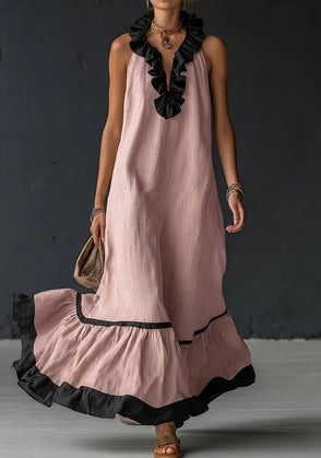 Women's Resort Linen Maxi Dress – Halter Neck Ruffle A-Line Boho