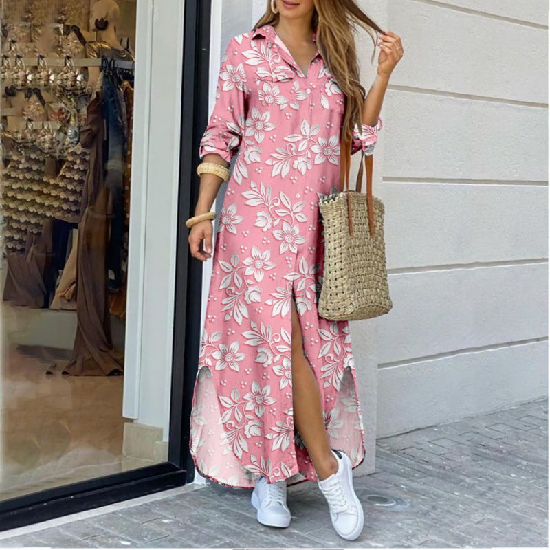 Women's Lapel-Collar Long Shirt Dress – Floral Print Midi Relaxed Fit