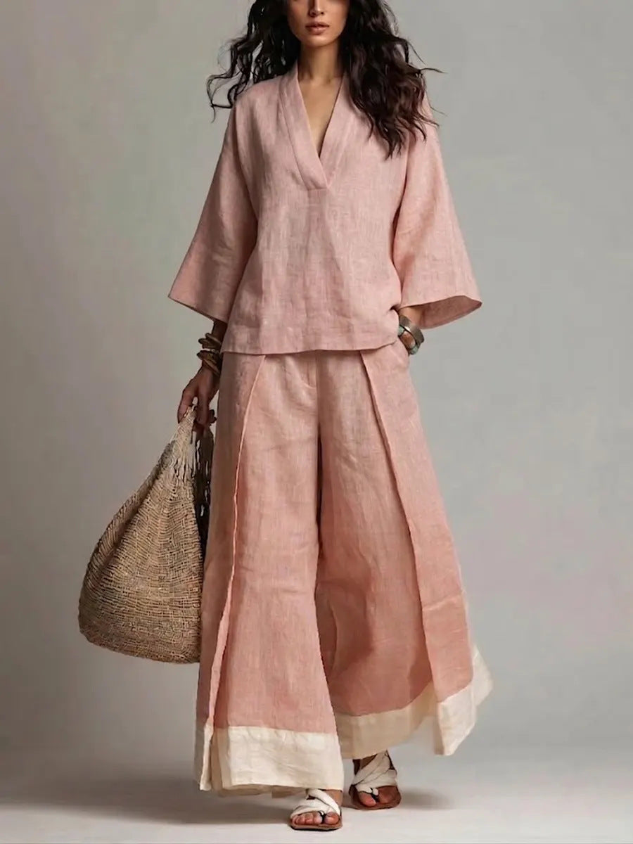 Women's Cotton-Linen V-Neck 3/4 Sleeve Shirt & Wide-Leg Pants Set