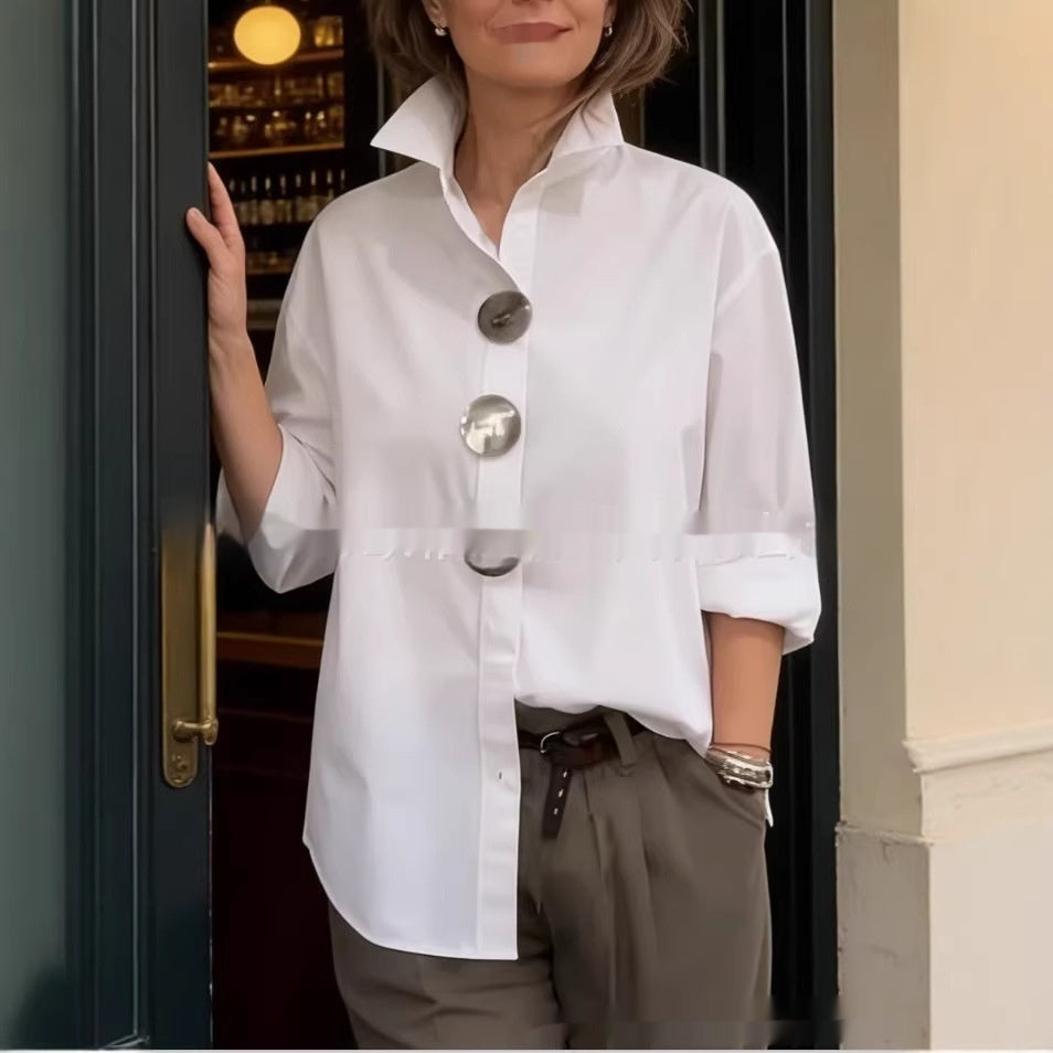 Stand-Up Collar Metal Button Long Sleeve Shirt – Women’s Loose Fit