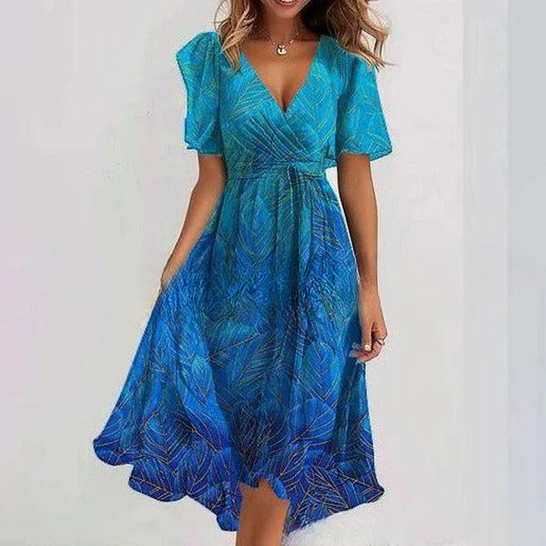 Floral Print A-Line Dress – V-Neck Short Sleeve Midi Dress