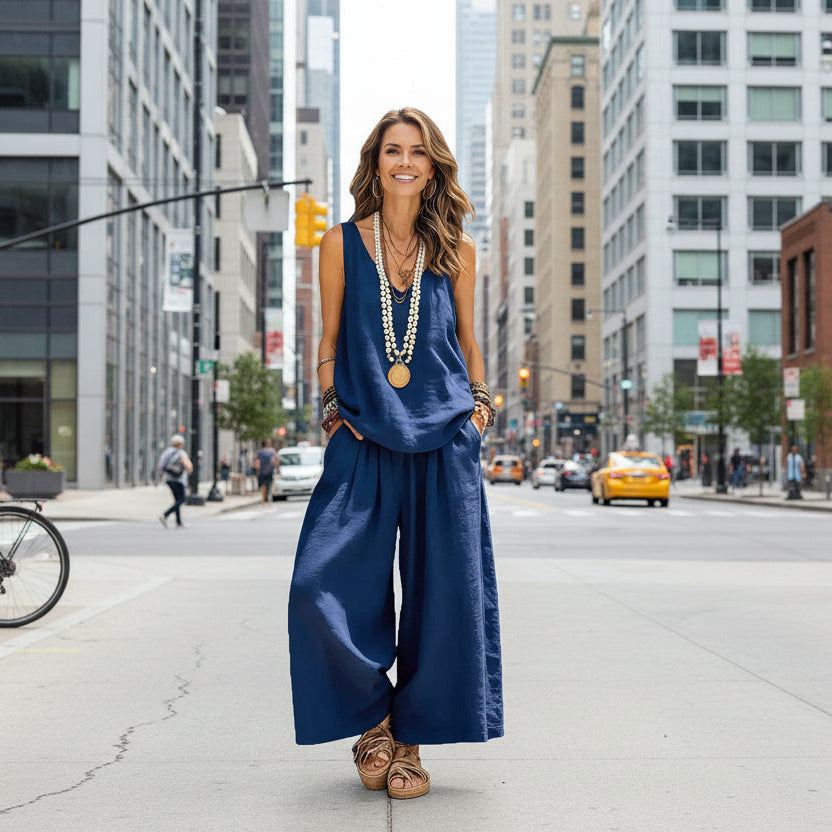 Women’s Cotton Linen Sleeveless Tank Top and Wide-Leg Pants Set