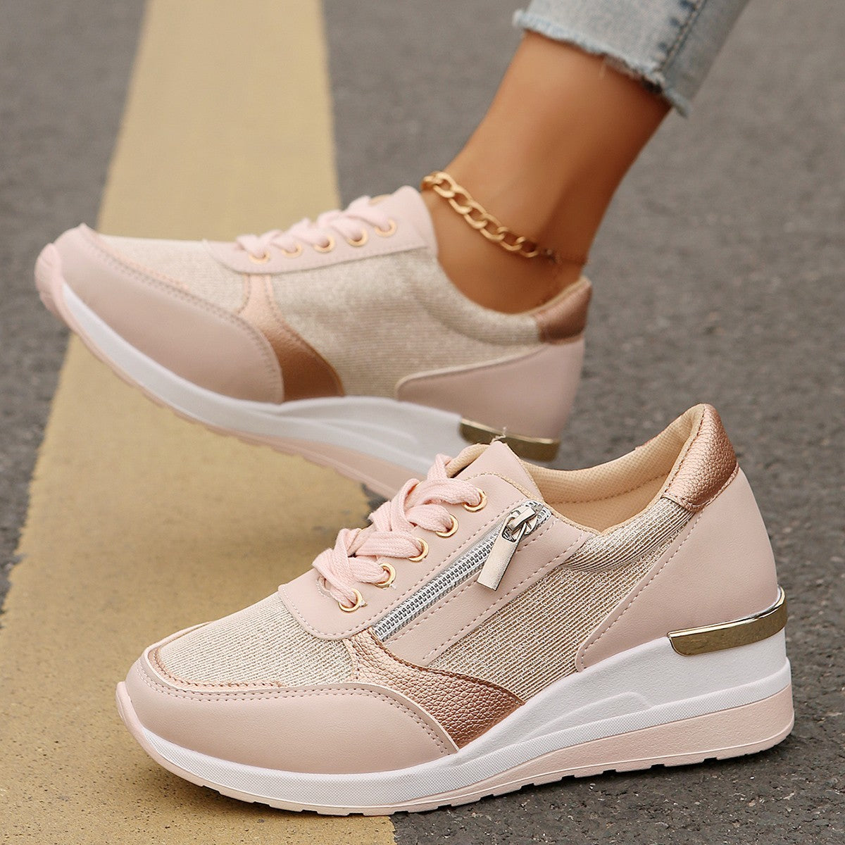 Metallic Lace-Up Side Zipper Thick-Sole Sneakers – 3 Colors EU 37–44