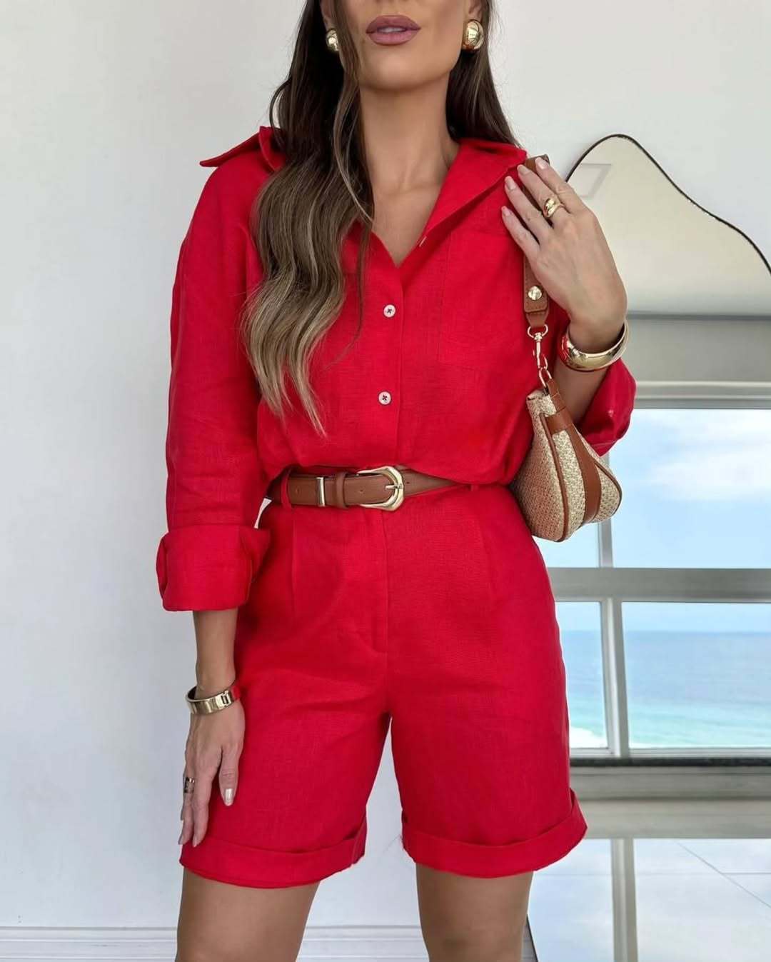 Women's Casual Long-Sleeve Shirt & Shorts Set – Cotton 2-Piece