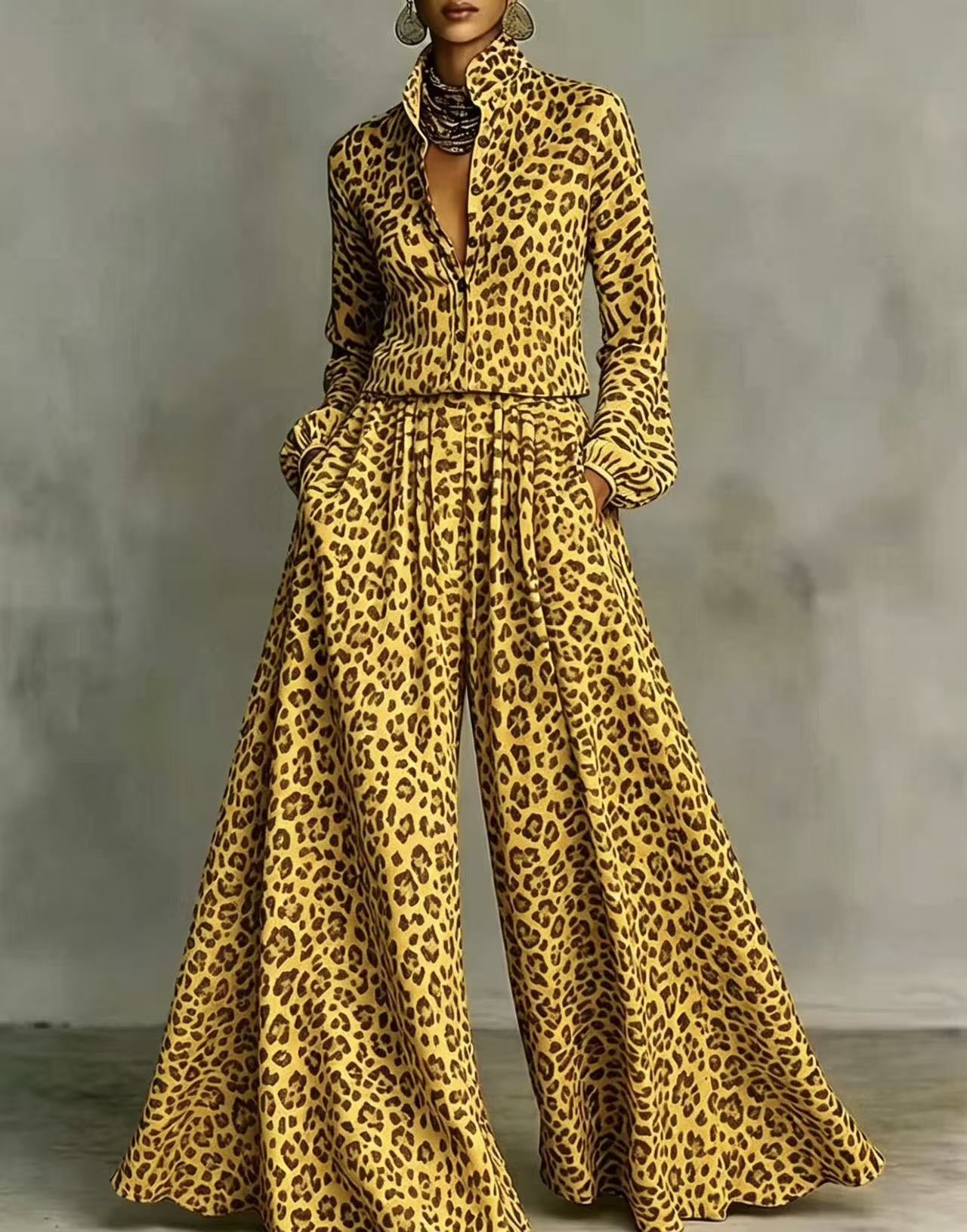 Leopard Print Wide-Leg Pants Set – Women’s Casual Two-Piece