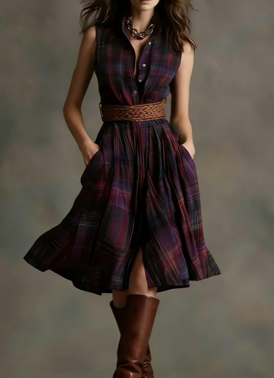 Women's Plaid Collared Sleeveless Fitted Waist Dress
