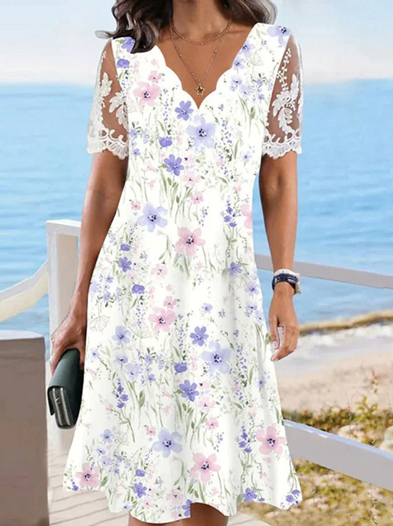 Women's Floral Lace Flounce Neckline High-Waist A-Line Midi Dress
