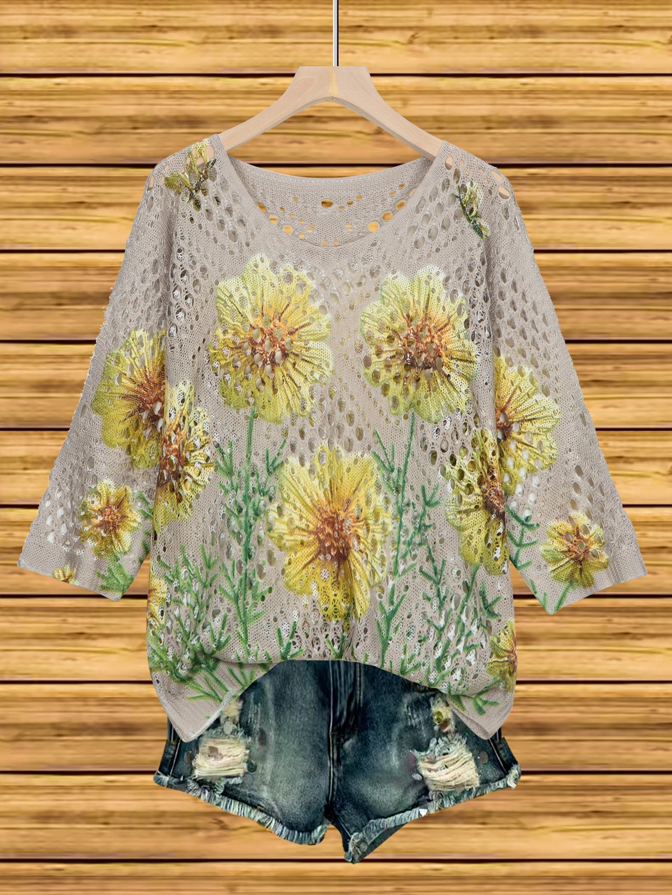 Women's Batwing-Sleeve Sweater – Hollowed-Out 3D Knitted Print Relaxed Fit