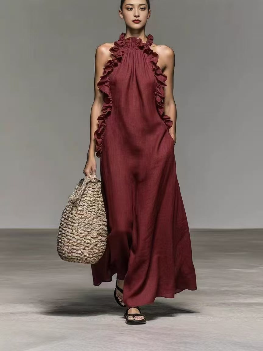 Halter Neck Ruffled Sleeveless Dress – Loose Fit Flowy Dress With Pockets