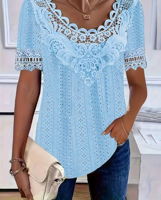 Women's Lace Patchwork Crew Neck Short Sleeve T-Shirt