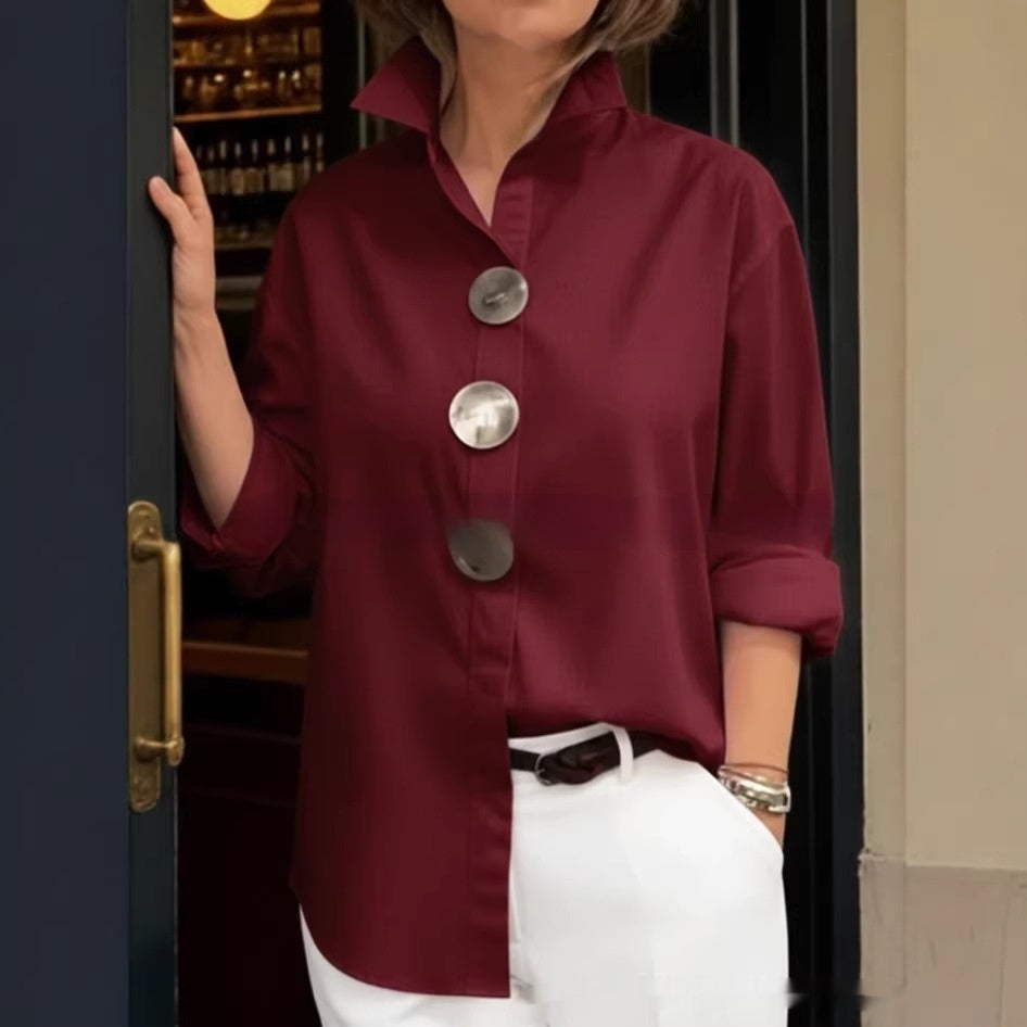 Stand-Up Collar Metal Button Long Sleeve Shirt – Women’s Loose Fit