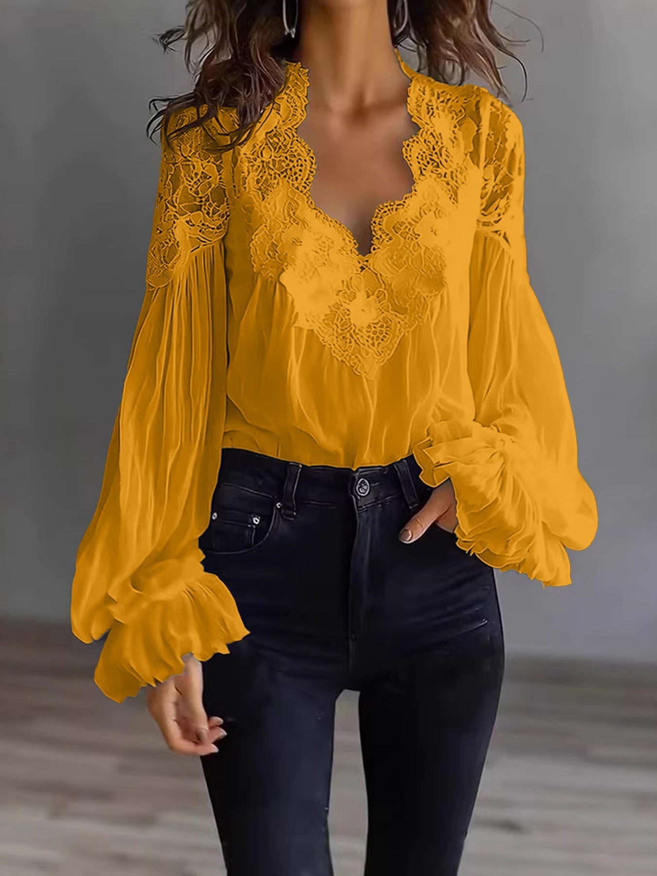 Lace-Panel Puff Sleeve Pleated Ruffle Shirt | Ballet Style