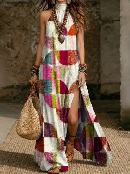 Women's Printed Halterneck Split Maxi Dress – Loose Fit Sleeveless
