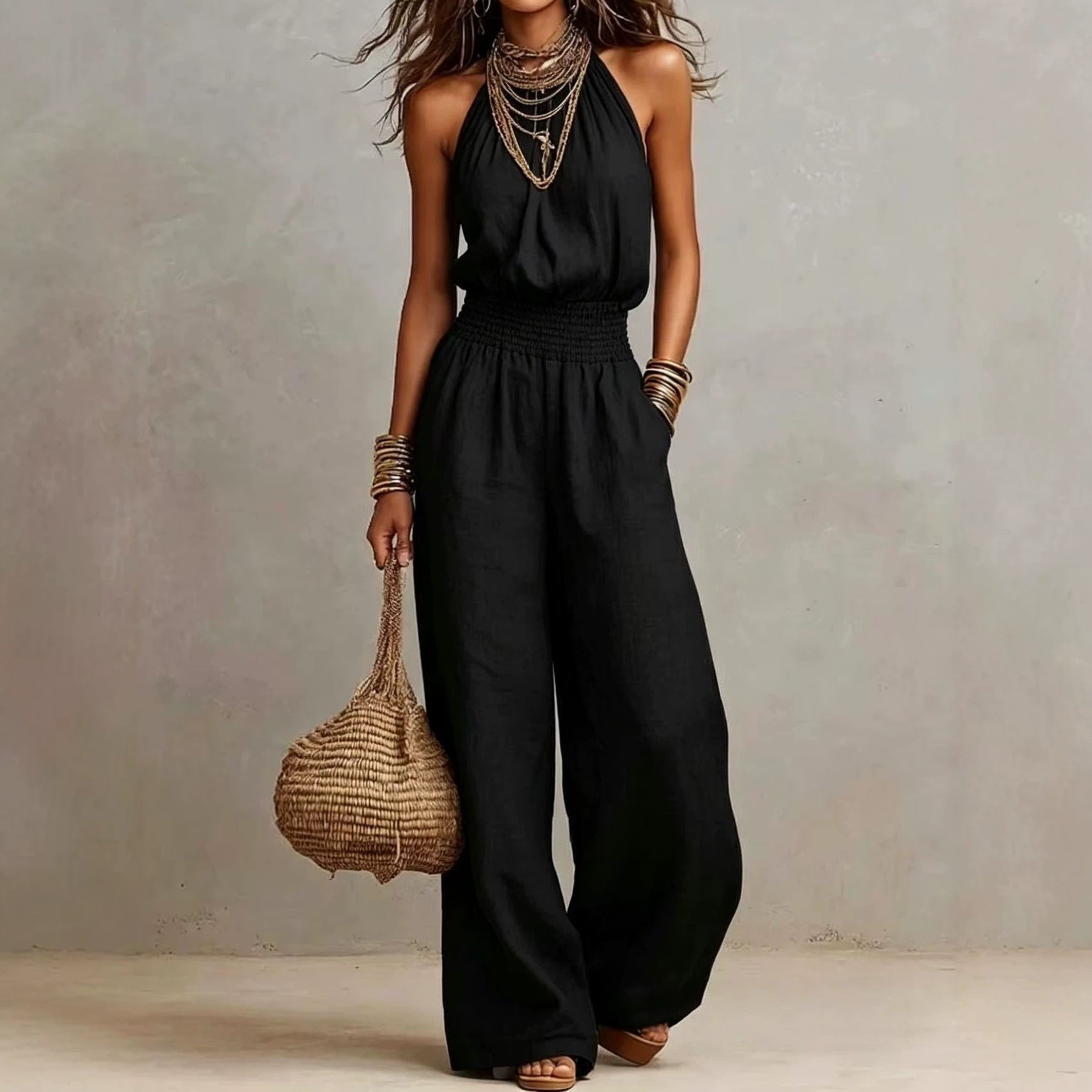 Women's Halter-Neck Backless Wide-Leg Jumpsuit – Solid Color Street Style