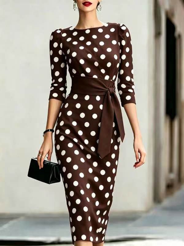 Women's Retro Polka-Dot Bodycon Midi Dress – Belted Cross-Tie