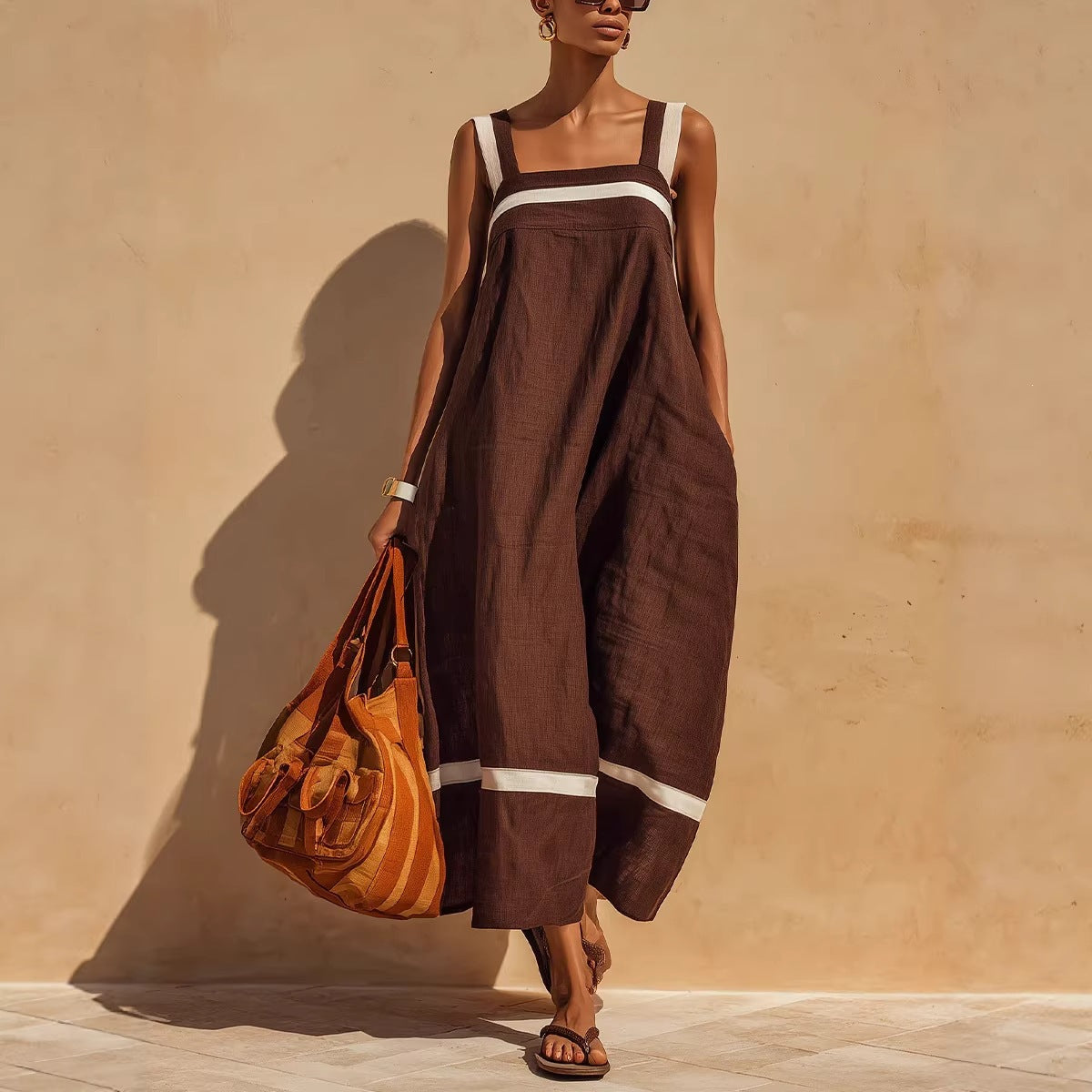 Women's Contrast Strap Casual Loose Midi Dress – Linen Blend