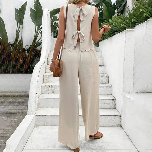 Elegant 2-Piece Matching Set, Sleeveless Crop Top And Wide Leg Pants Outfits
