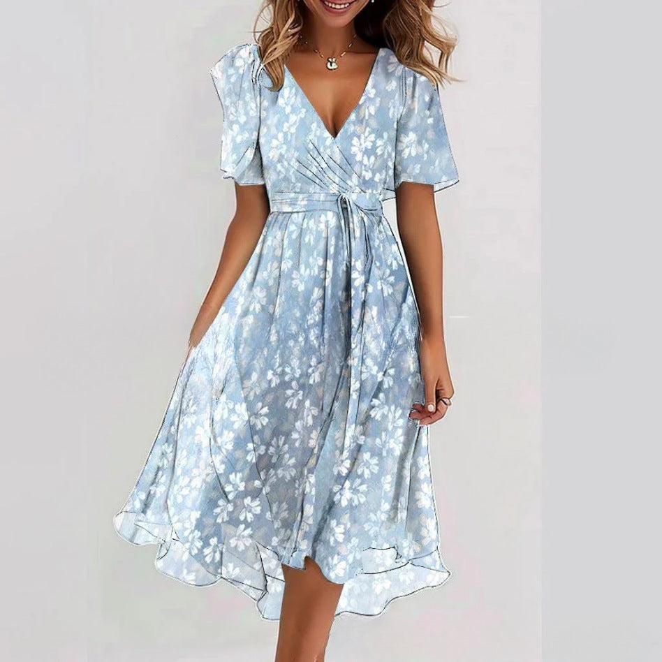 Floral Print A-Line Dress – V-Neck Short Sleeve Midi Dress