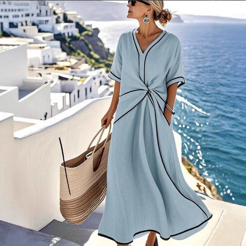 Striped Print Maxi Dress – Short Sleeve Beach Vacation Dress