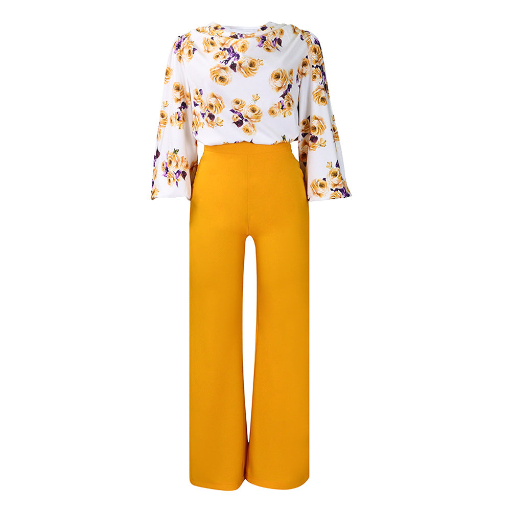 Printed Floral Lace-Up Top & Wide-Leg Pants Set – 4 Colors, S–3XL