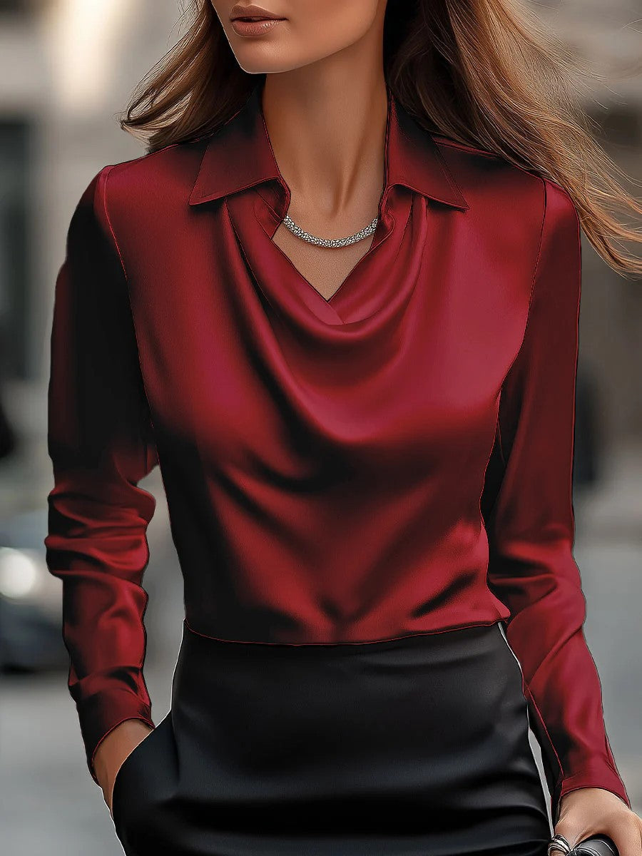 Long Sleeve Satin Swing Collar Top | Elegant Commuter Shirt