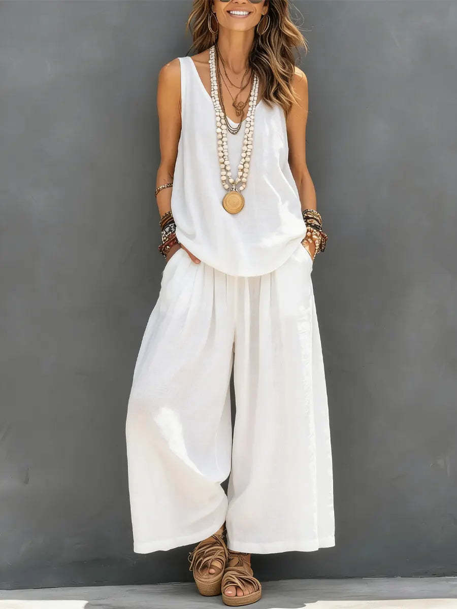Women’s Cotton Linen Sleeveless Tank Top and Wide-Leg Pants Set