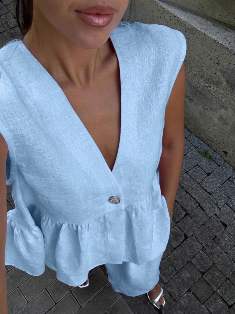 Women’s Cotton V-Neck Sleeveless Vest and Wide-Leg Pants Set